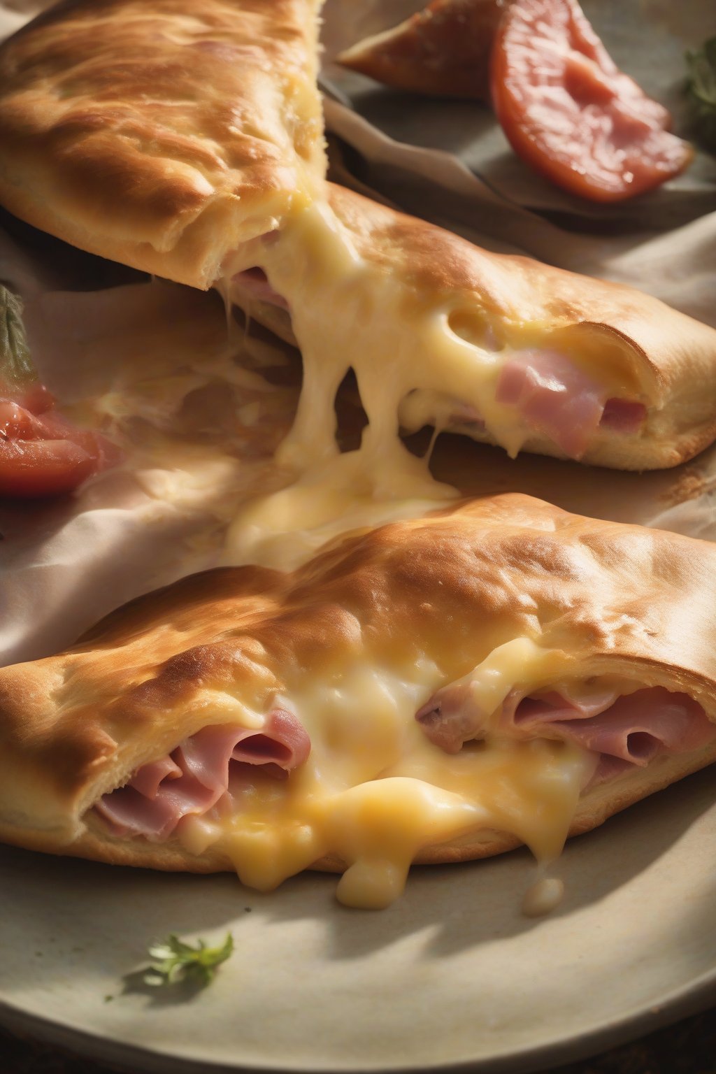 A high-resolution photo of a Hawaiian calzone with pineapple and ham visible through melted cheese under soft lighting.