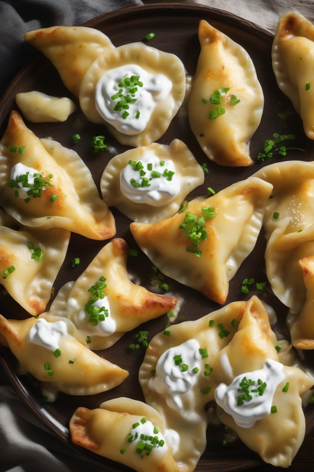 A high-resolution photo of golden-fried classic potato and cheese perogies on a rustic plate, steam rising, garnished with sour cream and chives under soft lighting.