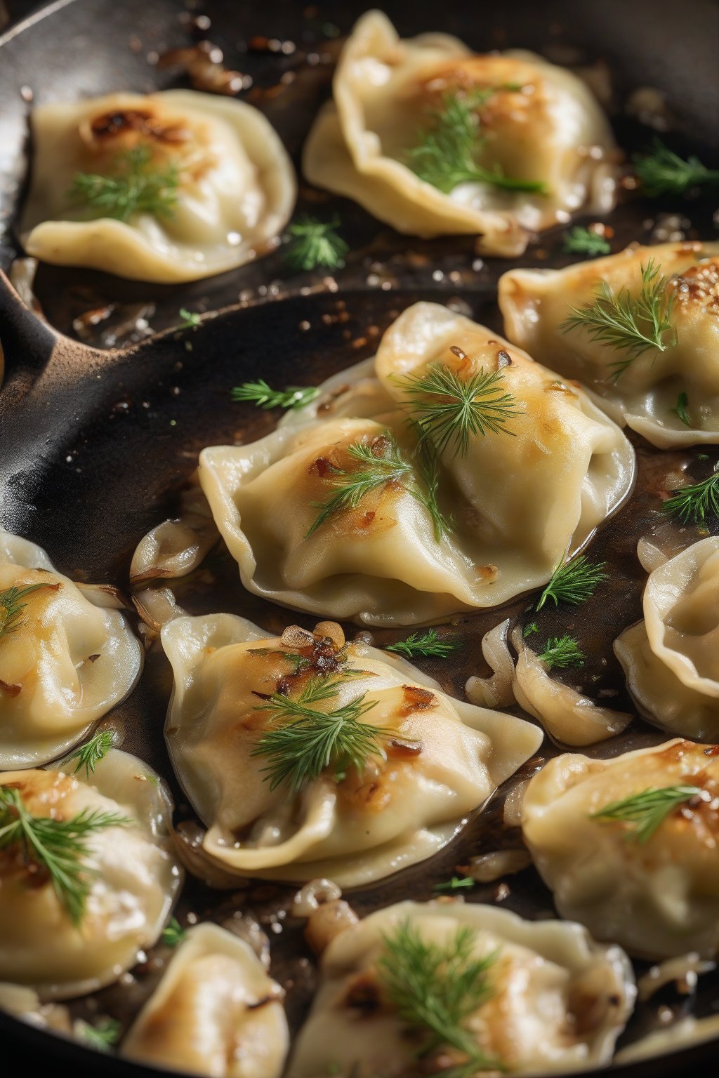 A high-resolution photo of potato and onion perogies sizzling in a skillet, topped with caramelized onions and dill, under soft lighting.