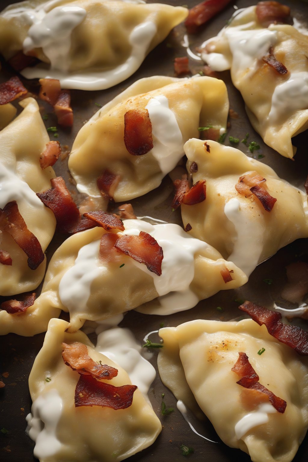 A high-resolution photo of bacon potato perogies cut open revealing smoky filling, drizzled with sour cream under soft lighting.