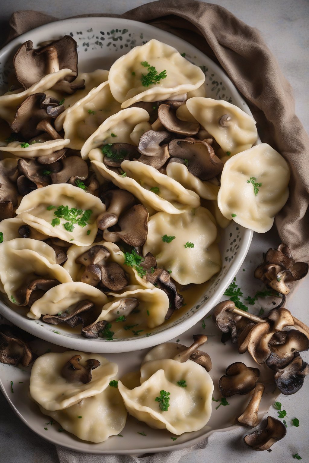 A high-resolution photo of mushroom potato perogies arranged in a bowl, wild mushrooms scattered on top under soft lighting.