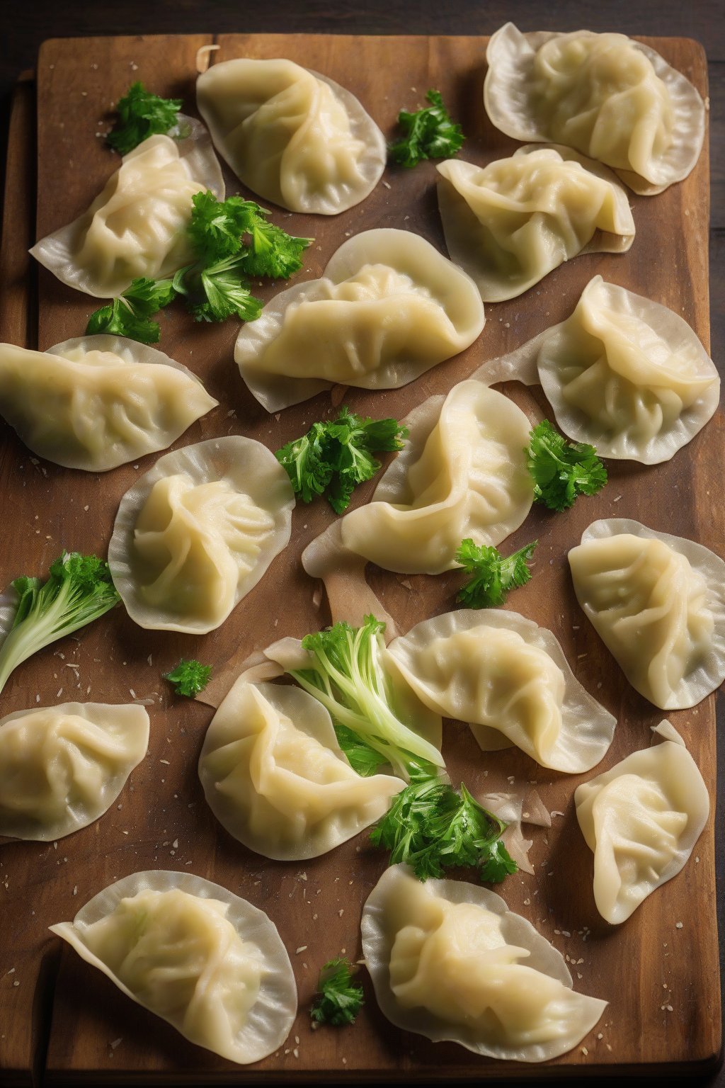 A high-resolution photo of sauerkraut potato perogies steaming on a wooden board, with fresh cabbage leaves under soft lighting.