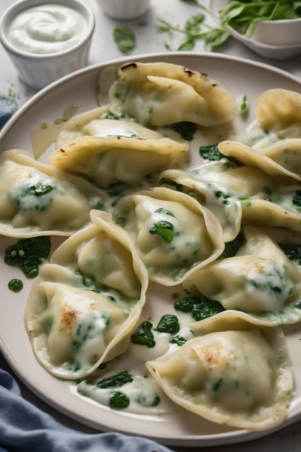 A high-resolution photo of spinach potato perogies with green flecks visible, served with yogurt sauce under soft lighting.