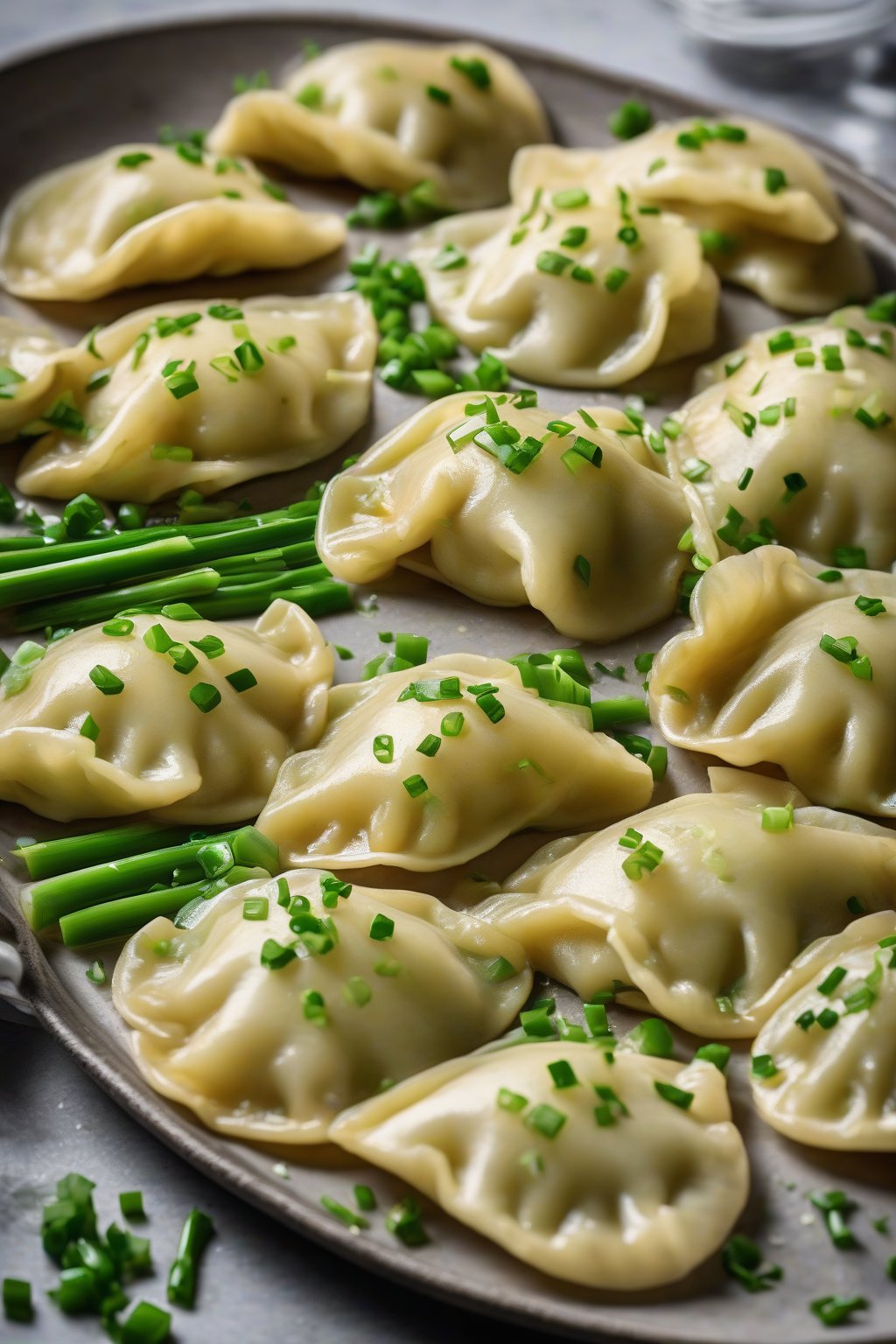 A high-resolution photo of leek potato perogies piled high, garnished with fresh chives under soft lighting.