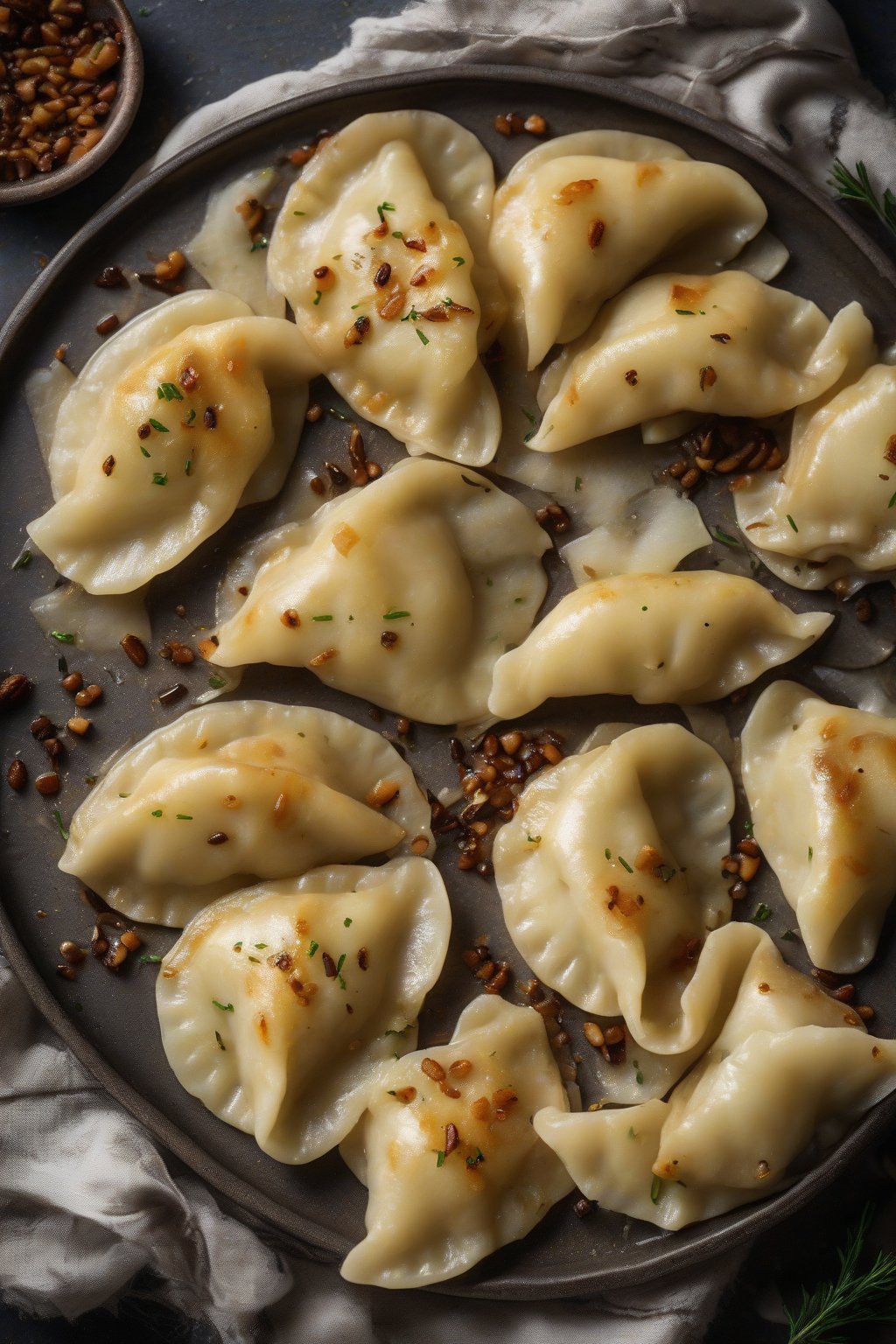 A high-resolution photo of garlic potato perogies with roasted cloves on side, buttery shine under soft lighting.