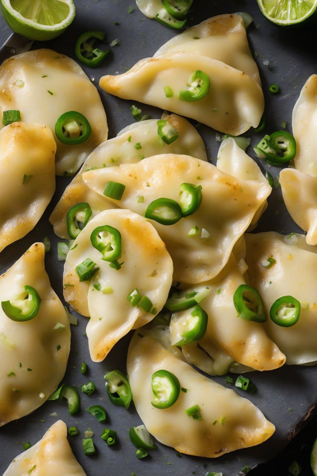 A high-resolution photo of cheddar jalapeño potato perogies sliced to show melty cheese, lime wedge nearby under soft lighting.