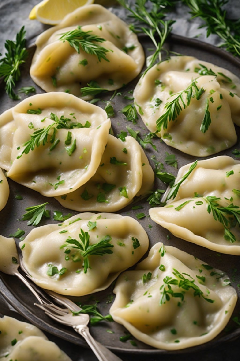 A high-resolution photo of herb potato perogies scattered with green herbs, lemon twist on top under soft lighting.