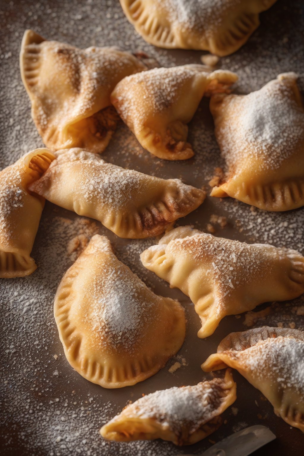 A high-resolution photo of sweet potato cinnamon perogies dusted with powdered sugar, warm glow under soft lighting.