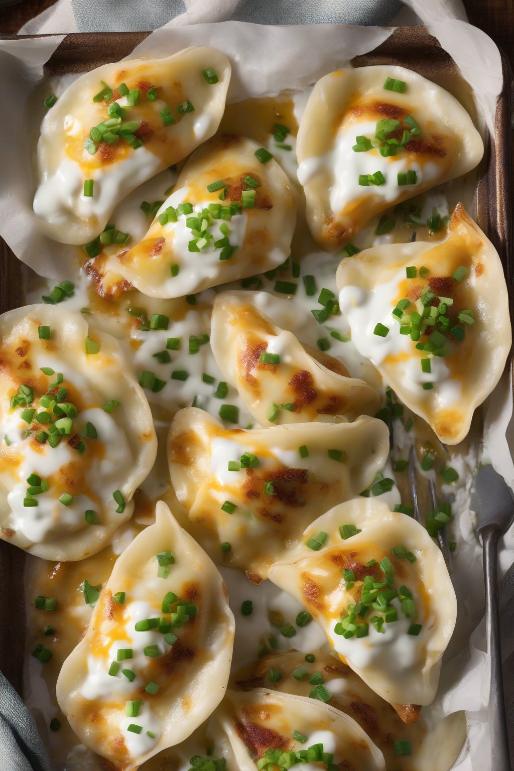 A high-resolution photo of loaded baked potato perogies topped with sour cream and chives under soft lighting.