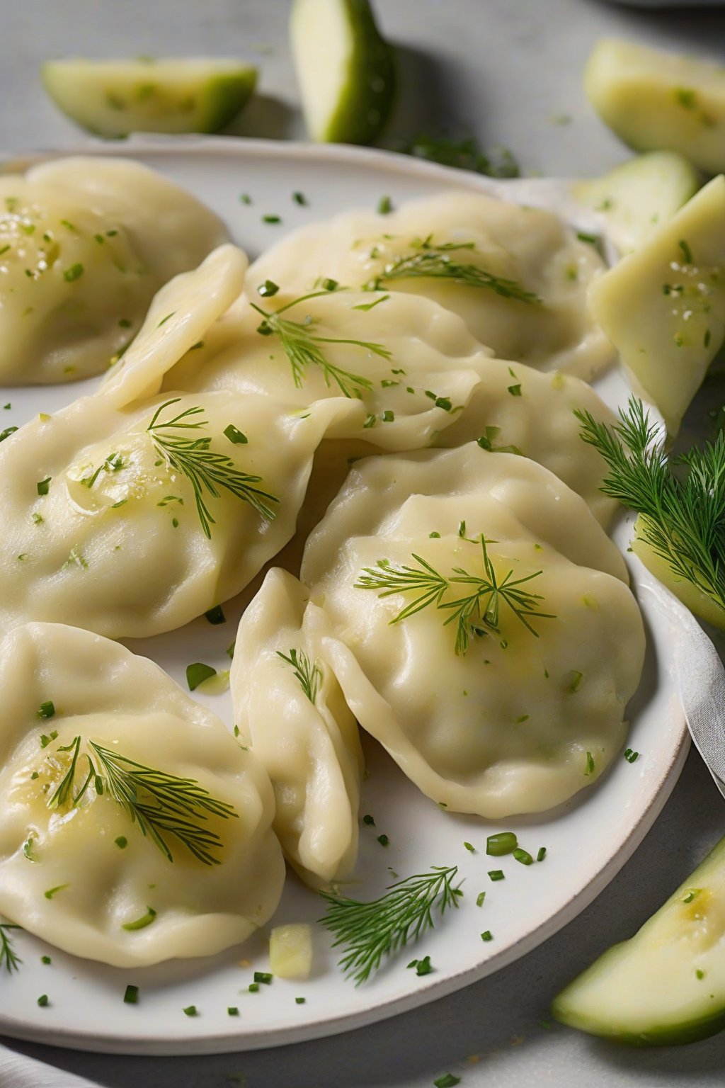 A high-resolution photo of dill pickle potato perogies with pickle slices garnish, fresh dill under soft lighting.
