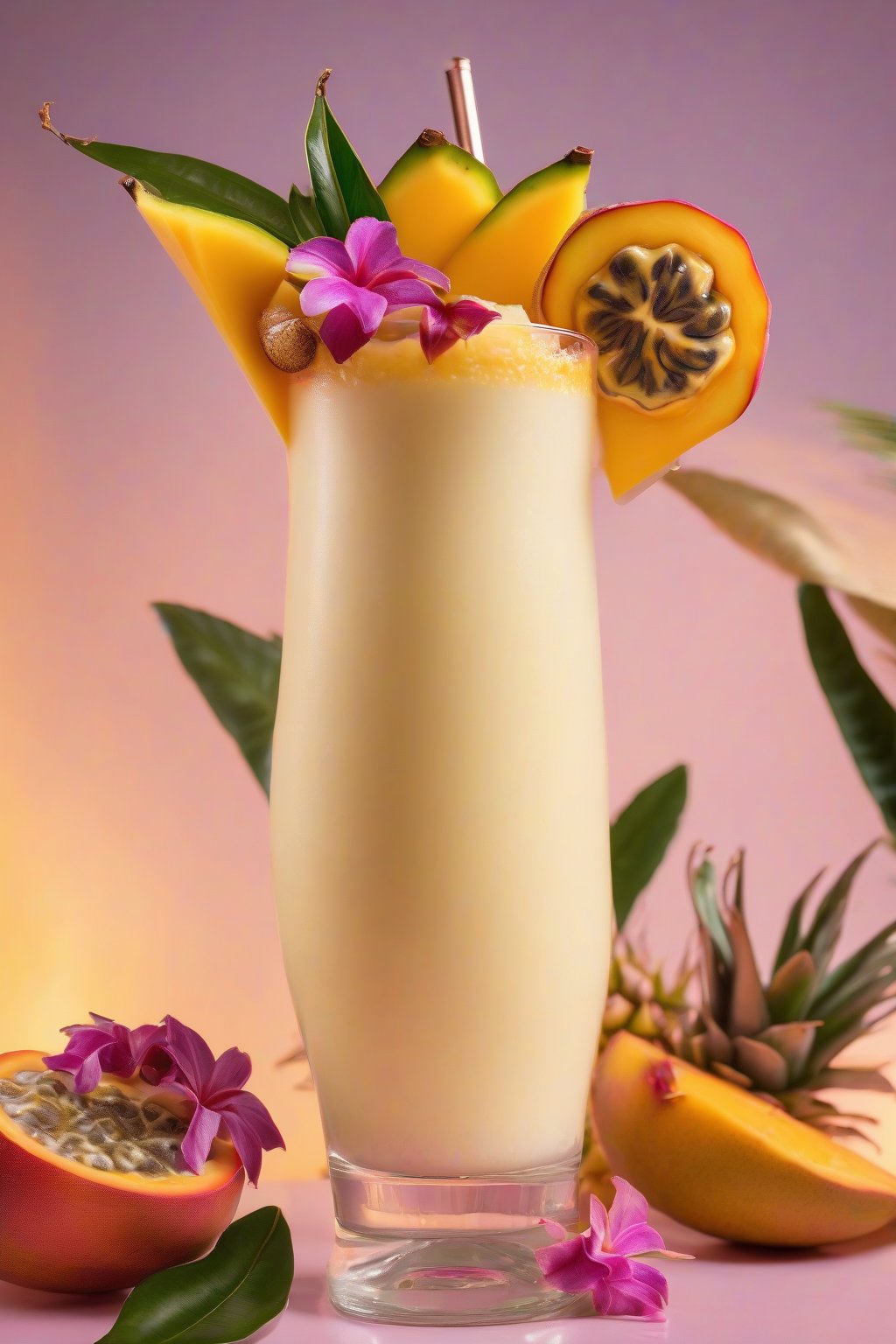 A high-resolution photo of a vibrant mango passionfruit piña colada in a tall glass with tropical garnishes under soft lighting.