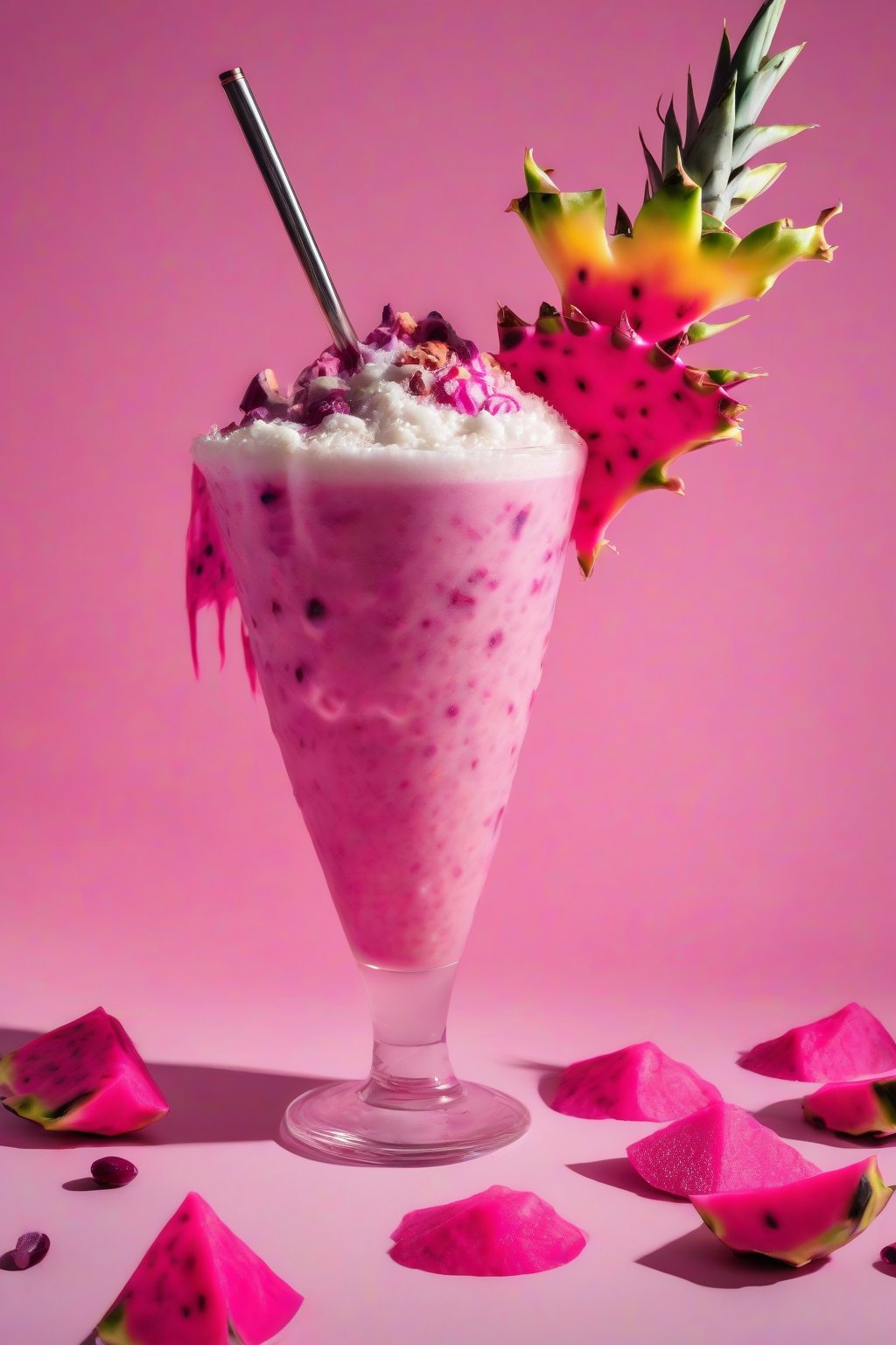 A high-resolution photo of a pink dragonfruit piña colada topped with fresh dragonfruit scoops under soft lighting.