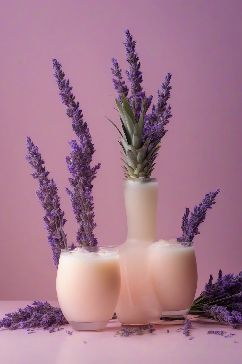 A high-resolution photo of a pale pink lychee lavender piña colada with lavender sprigs under soft lighting.