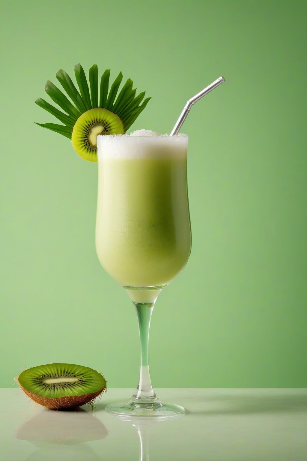 A high-resolution photo of a green kiwi coconut piña colada in a coconut-rimmed glass under soft lighting.