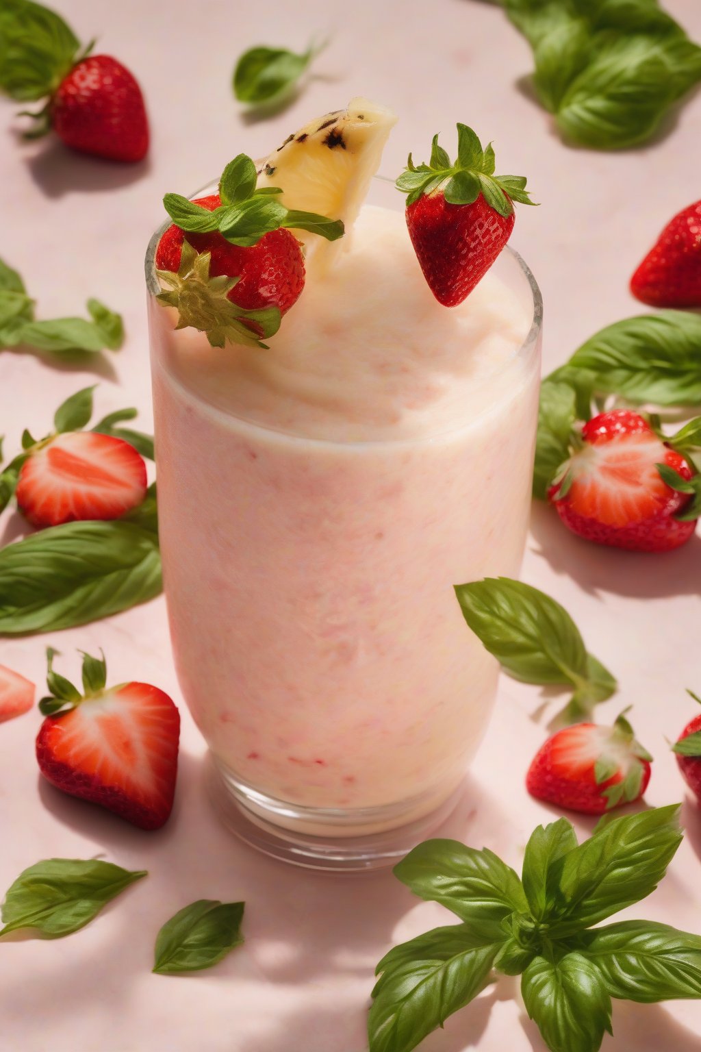 A high-resolution photo of a strawberry basil piña colada swirled with green basil flecks under soft lighting.