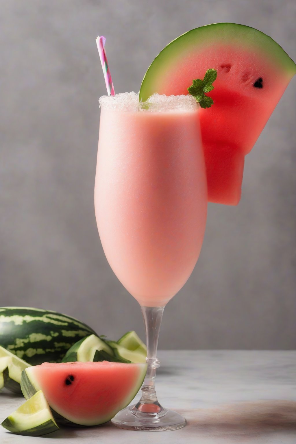 A high-resolution photo of a red watermelon jalapeño piña colada with chili rim under soft lighting.