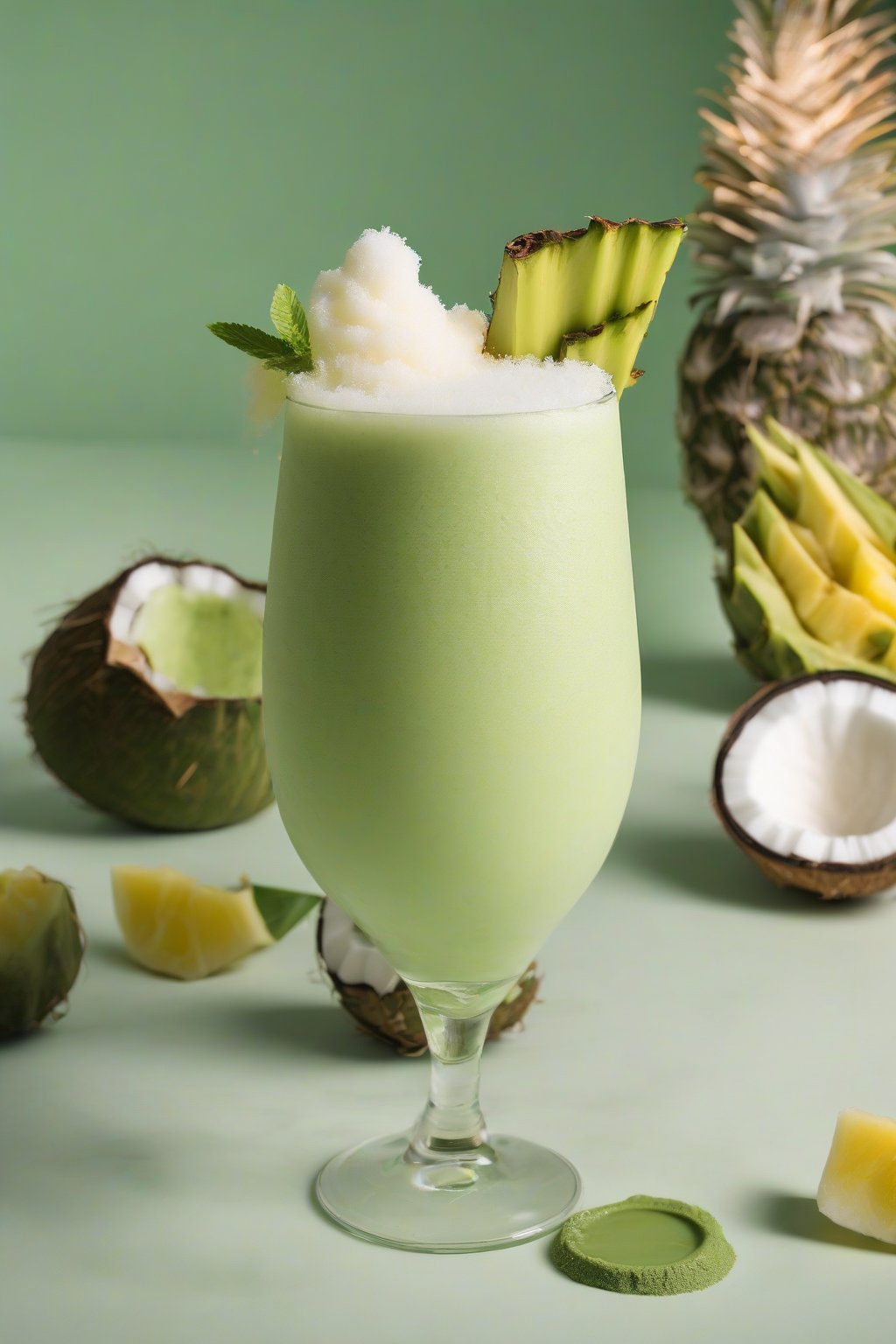 A high-resolution photo of a green matcha coconut piña colada with frothy top under soft lighting.
