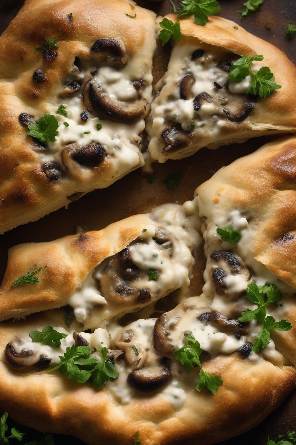 A high-resolution photo of a Mushroom and Goat Cheese calzone revealing creamy, herbed filling under soft lighting.