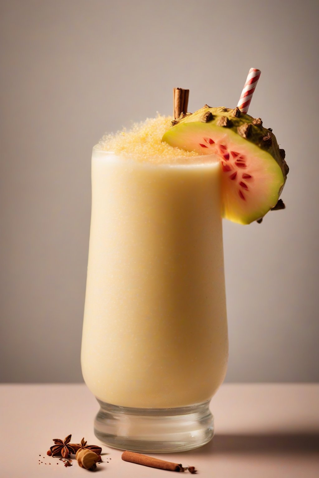 A high-resolution photo of a golden guava cardamom piña colada sprinkled with spice under soft lighting.