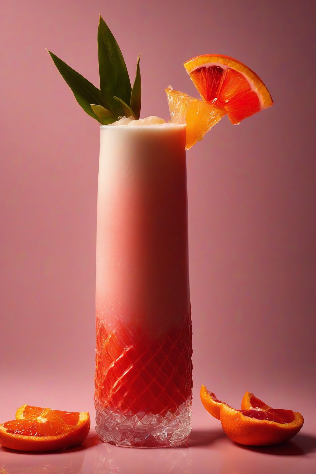 A high-resolution photo of a deep red blood orange piña colada with zest twists under soft lighting.