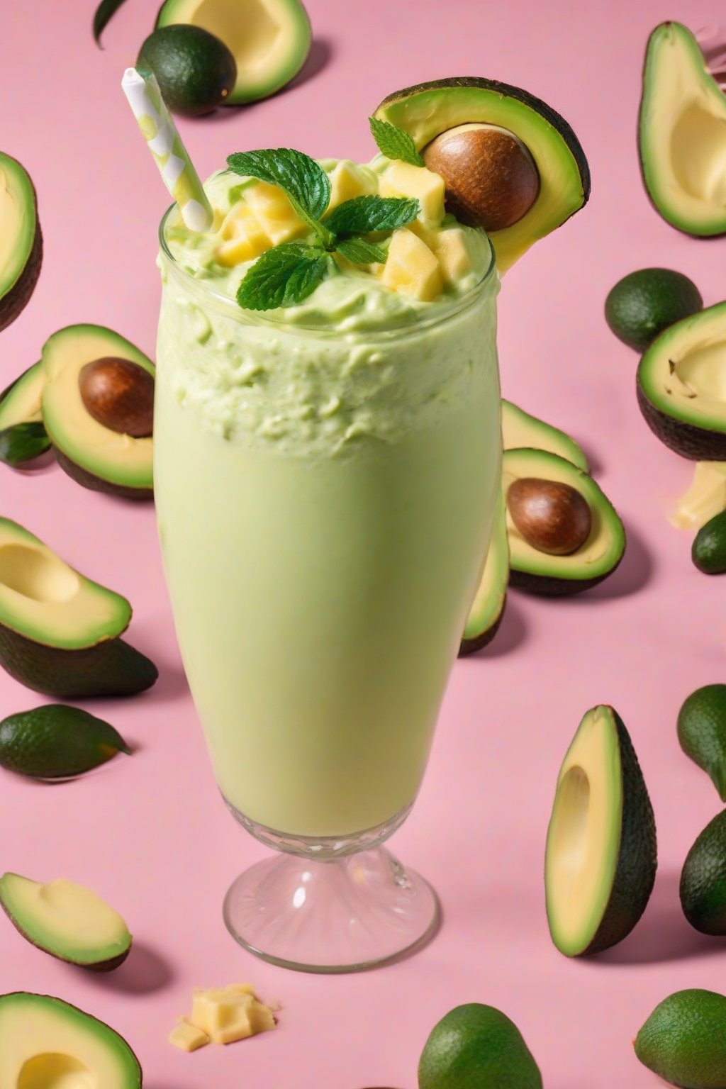 A high-resolution photo of a lush green avocado cream piña colada under soft lighting.