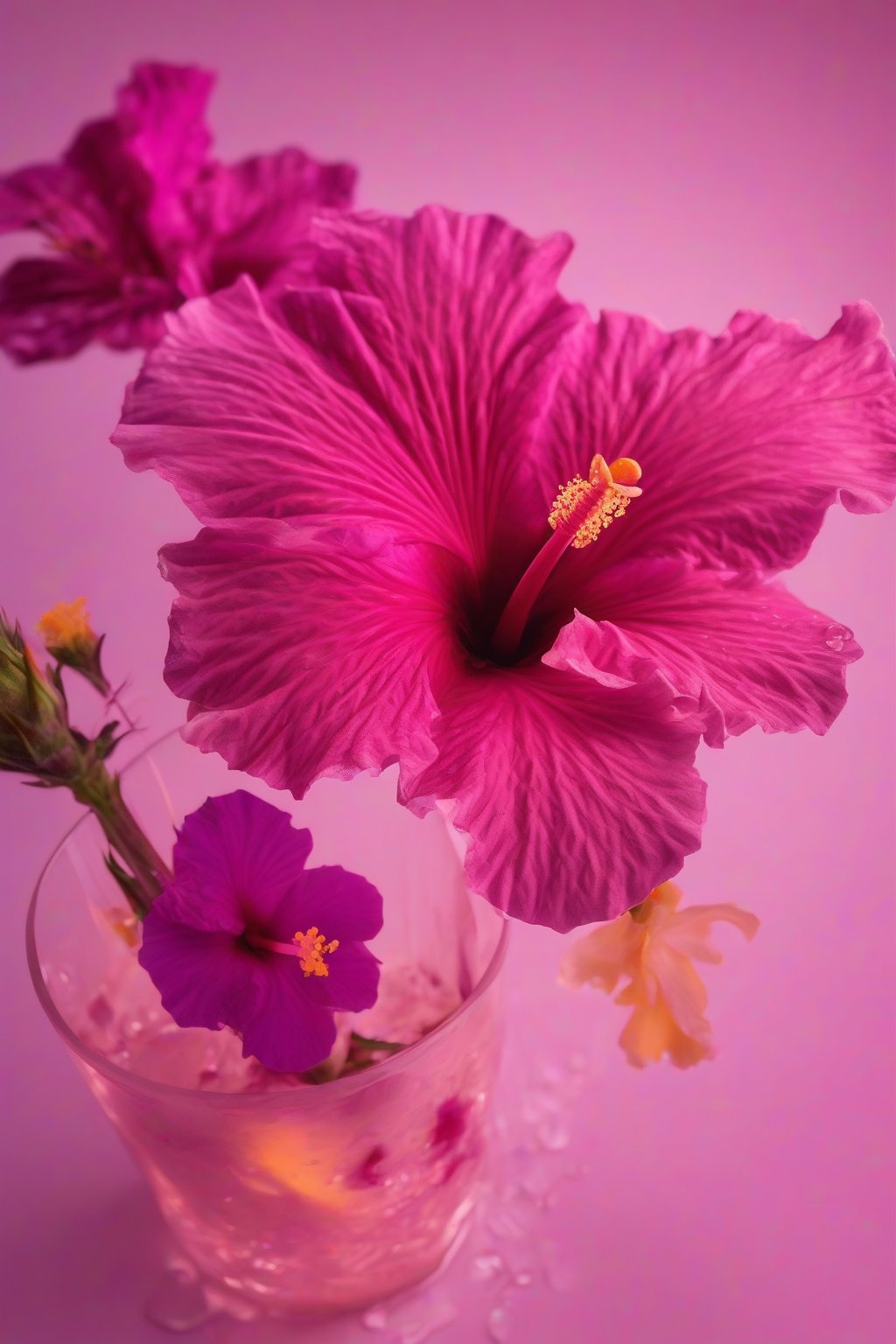 A high-resolution photo of a magenta hibiscus rose piña colada with edible flowers under soft lighting.