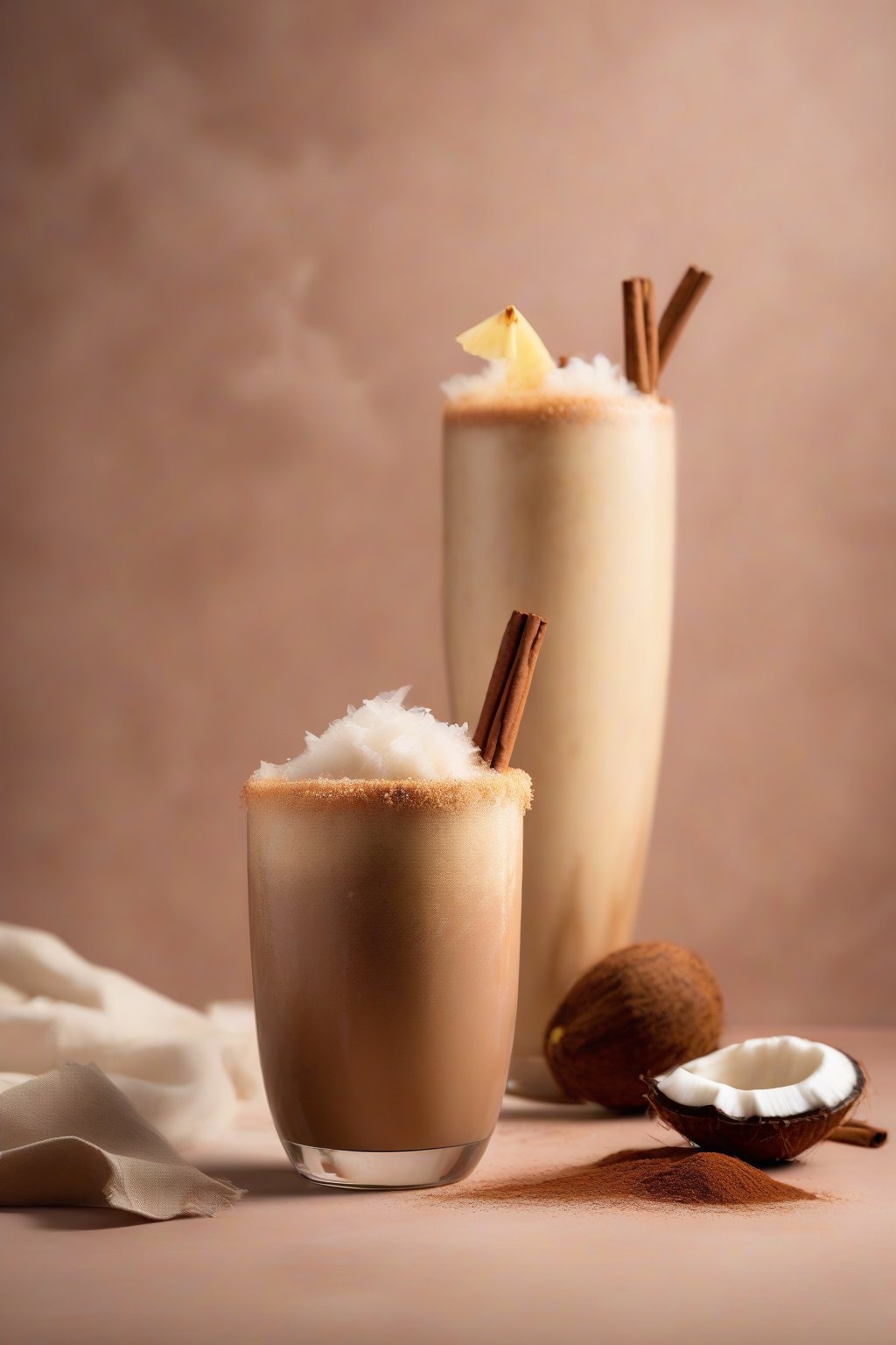 A high-resolution photo of a mocha-toned coffee coconut piña colada with cinnamon dust under soft lighting.
