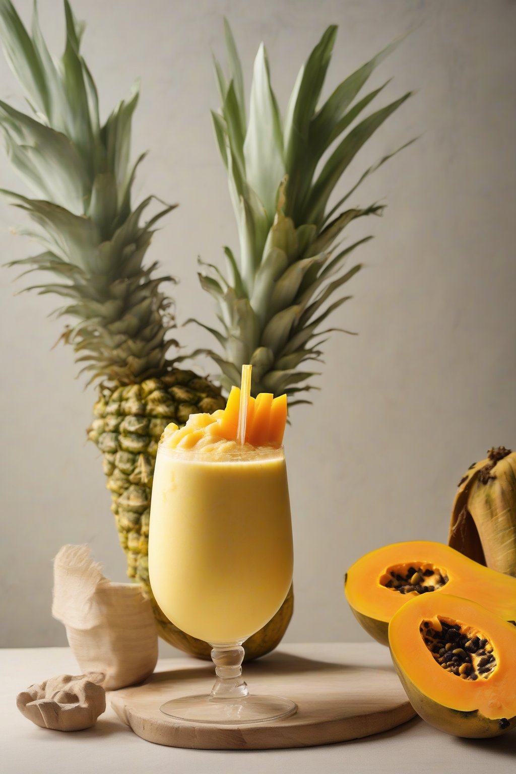 A high-resolution photo of a sunny yellow papaya turmeric piña colada under soft lighting.