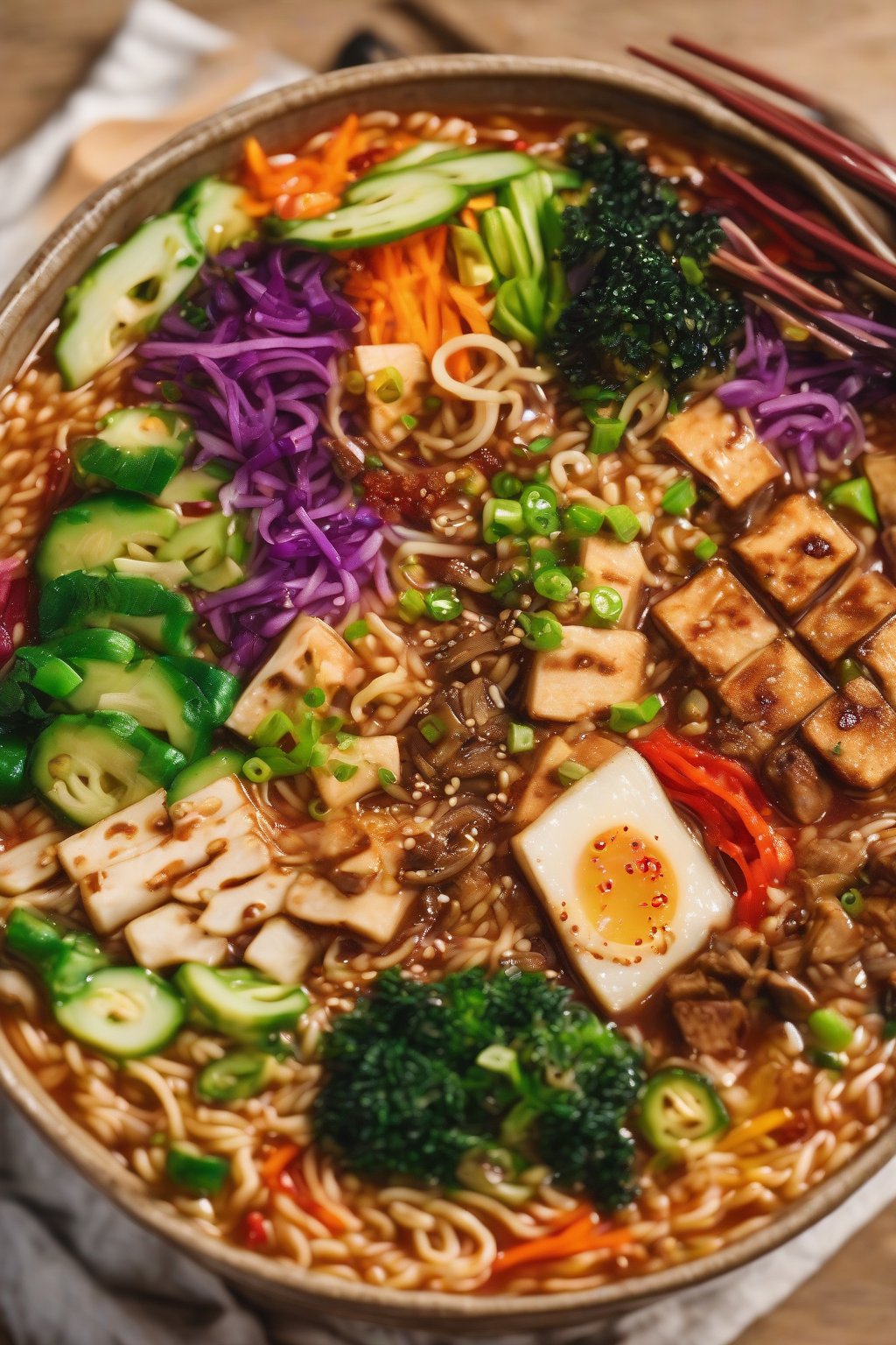 A high-resolution photo of vibrant vegan fire Buldak ramen loaded with colorful veggies and tofu under soft lighting.