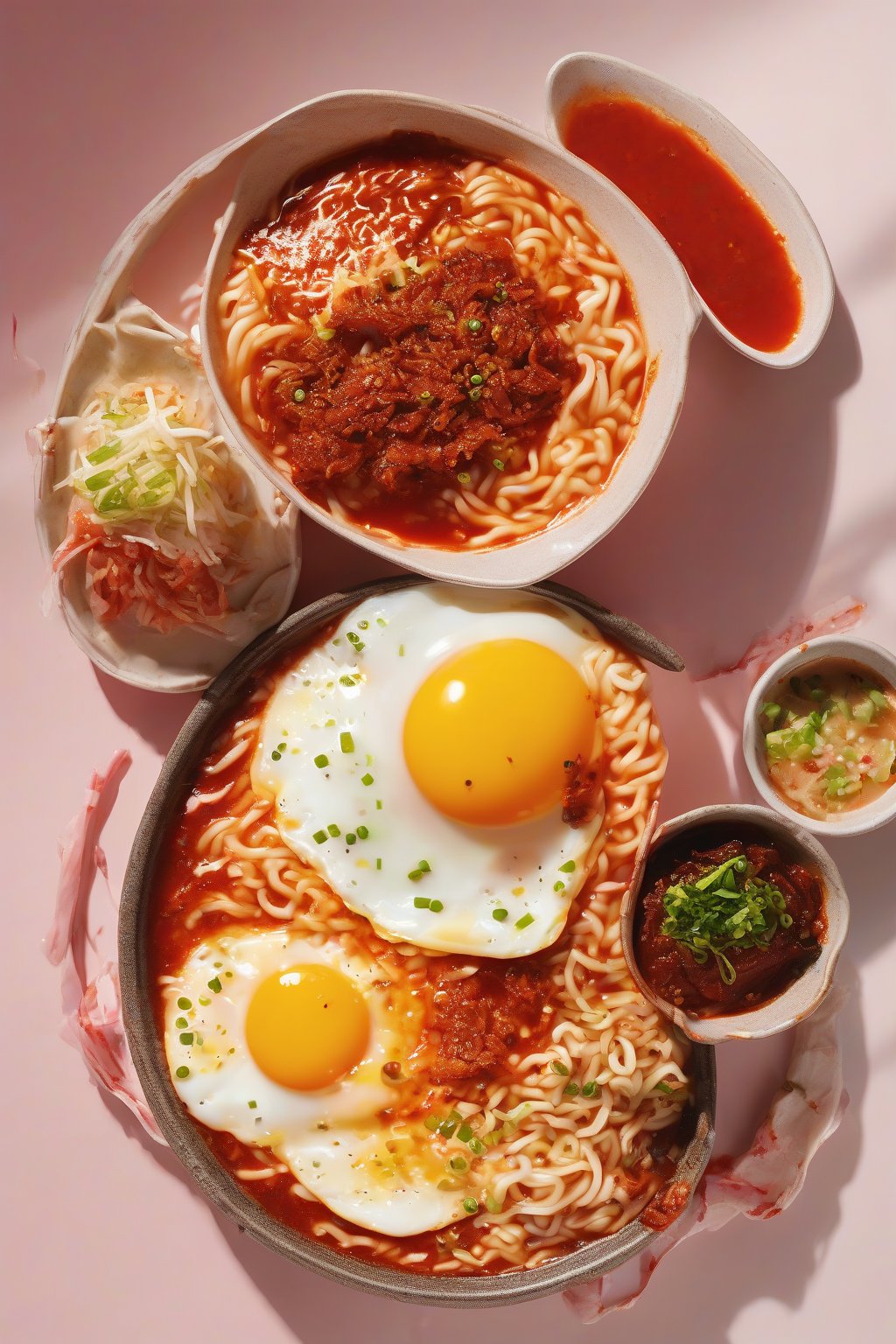 A high-resolution photo of kimchi fire Buldak ramen topped with a runny egg and pink-red sauce under soft lighting.