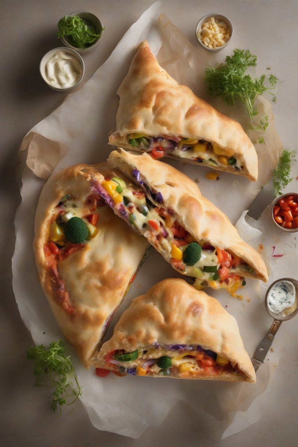 A high-resolution photo of a colorful Veggie Supreme calzone sliced open with assorted vegetables and cheese under soft lighting.
