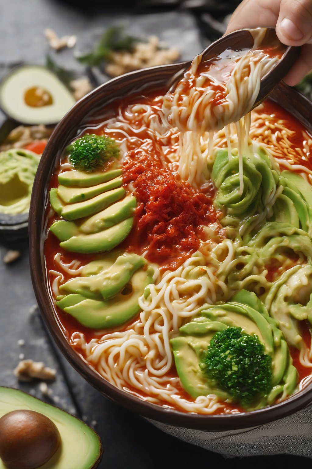 A high-resolution photo of creamy green avocado fire Buldak ramen swirled with red sauce under soft lighting.