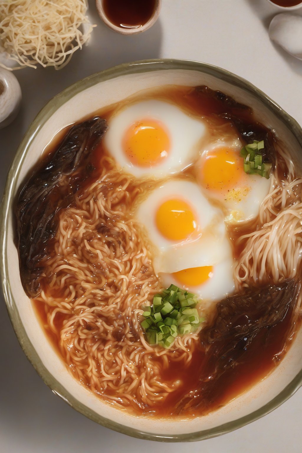 A high-resolution photo of egg drop fire Buldak ramen with wispy eggs in fiery broth under soft lighting.