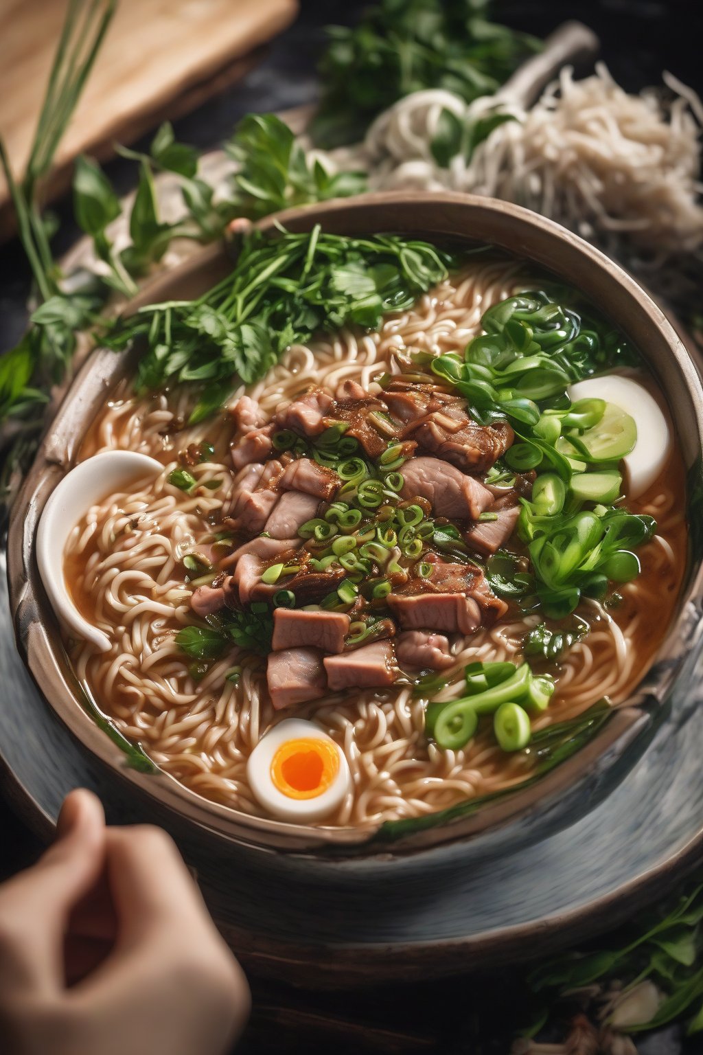 A high-resolution photo of Thai basil fire Buldak ramen with fresh green herbs and pork under soft lighting.