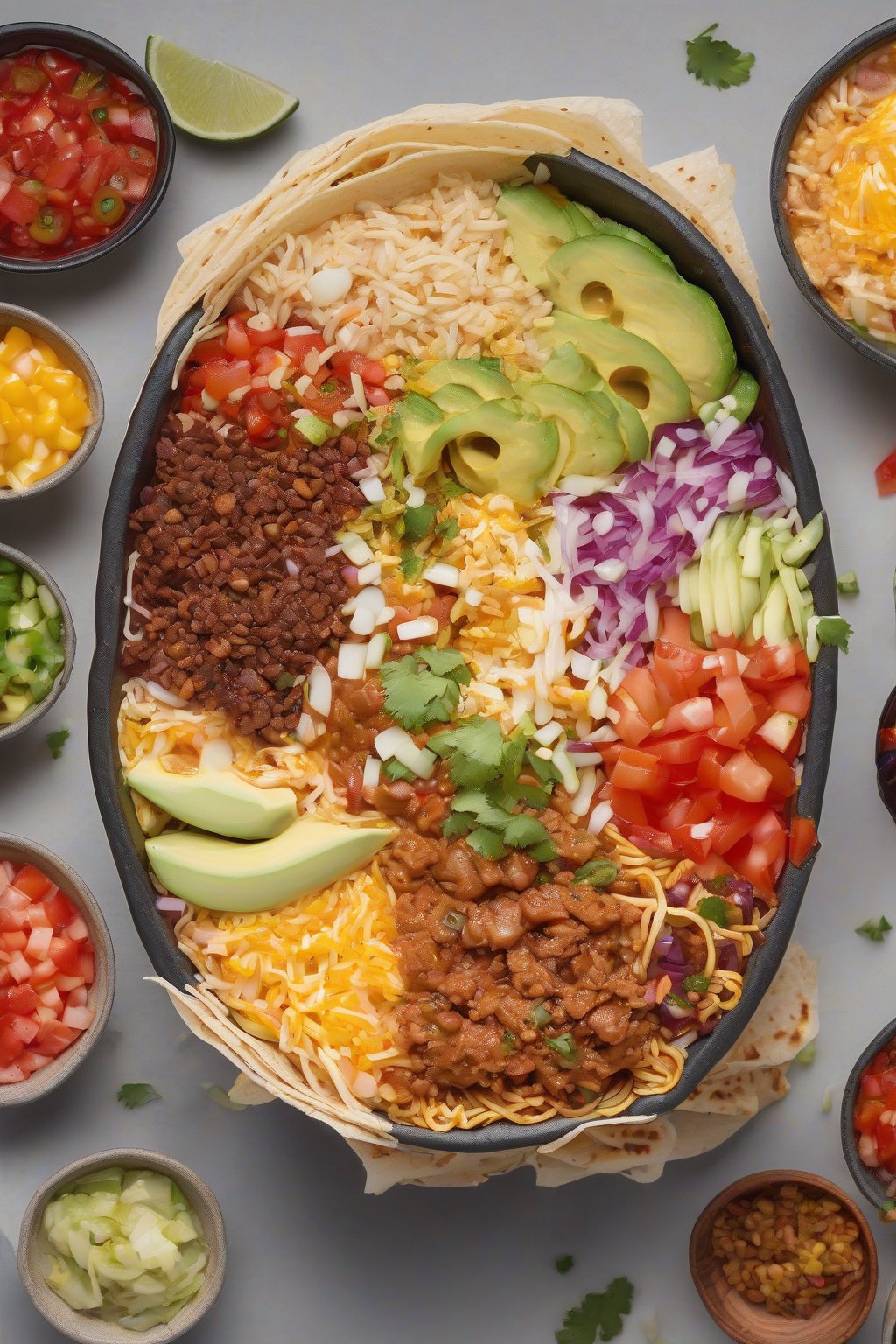 A high-resolution photo of Mexican fire Buldak ramen burrito bowl piled high with toppings under soft lighting.