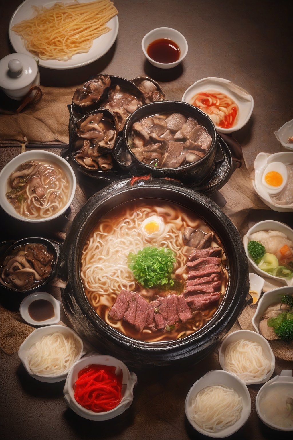 A high-resolution photo of steaming hot pot fire Buldak ramen with mushrooms and beef under soft lighting.