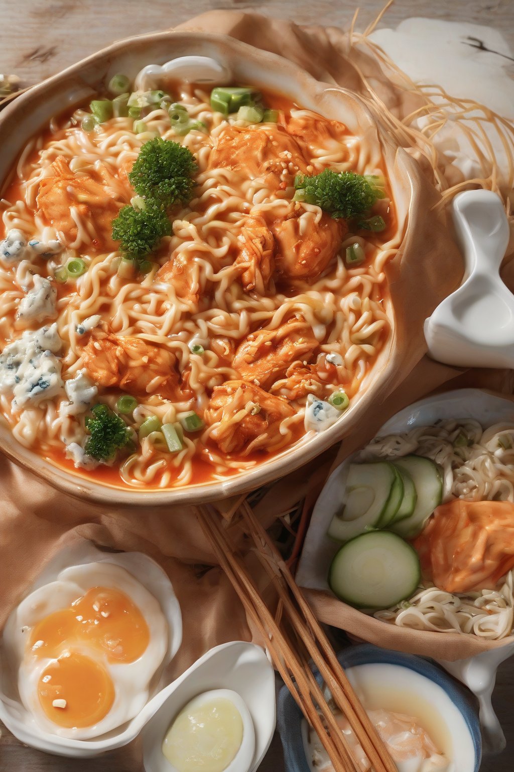 A high-resolution photo of buffalo chicken fire Buldak ramen with blue cheese dollops under soft lighting.