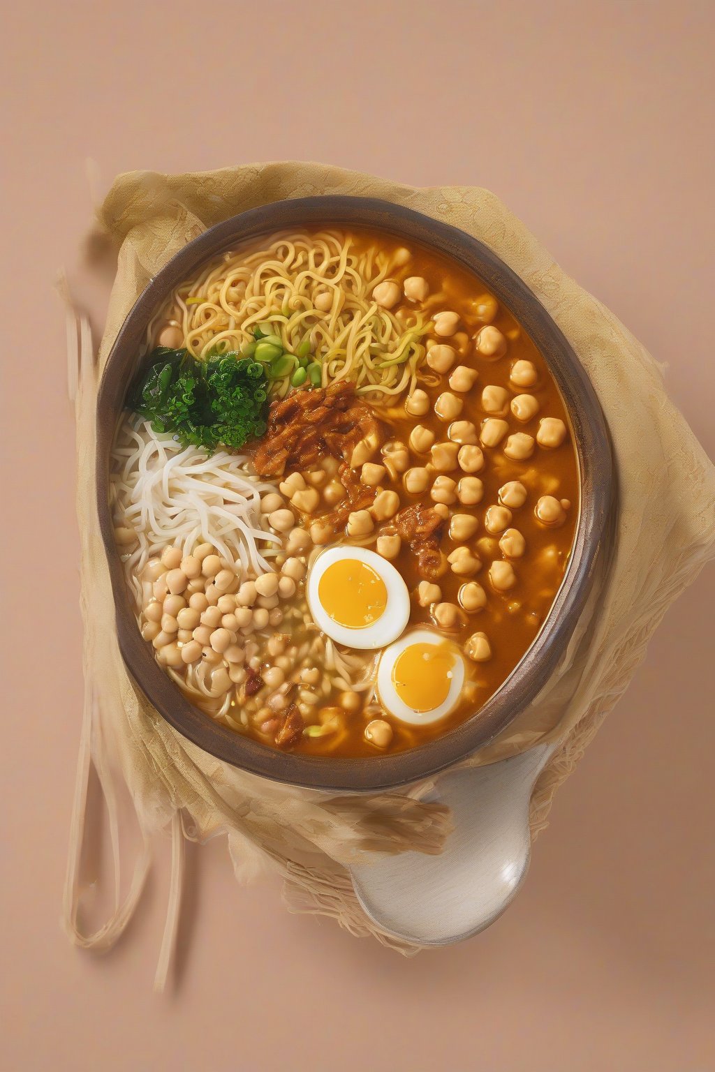 A high-resolution photo of golden curry fire Buldak ramen with chickpeas under soft lighting.