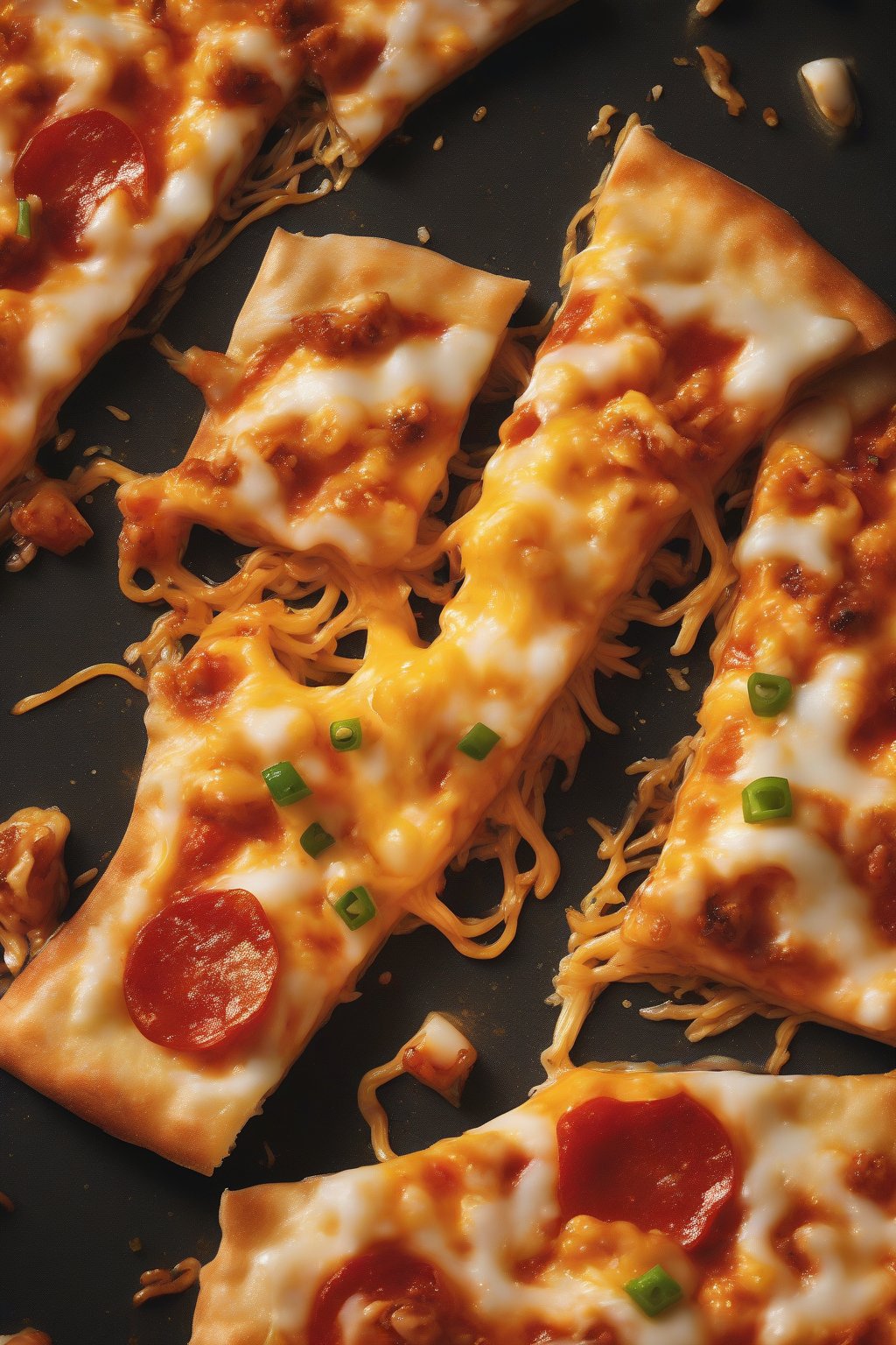 A high-resolution photo of cheesy fire Buldak ramen pizza slice oozing under soft lighting.
