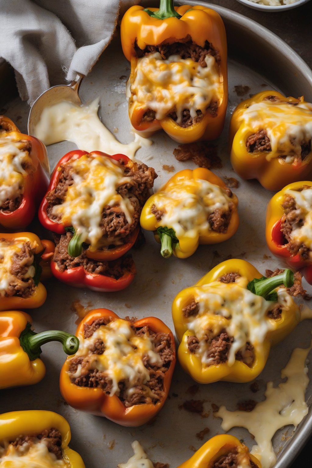 A high-resolution photo of golden-brown classic beef and rice stuffed peppers topped with melted cheese, sliced open to reveal the filling, under soft lighting.