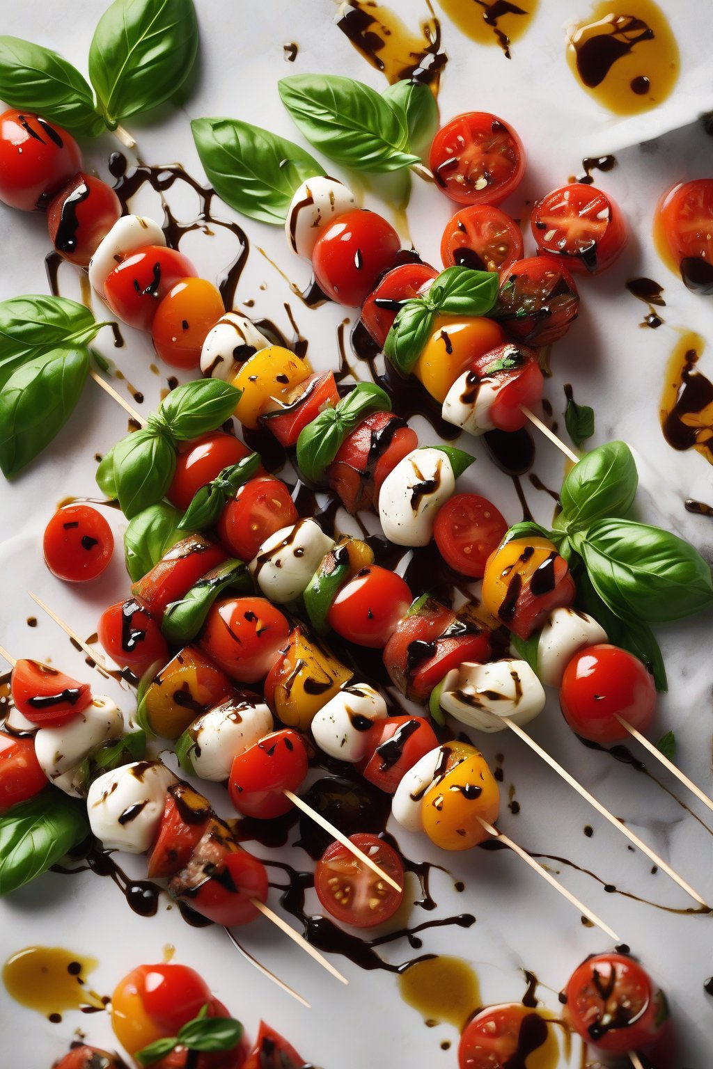 A high-resolution photo of vibrant caprese skewers drizzled with balsamic under soft lighting.