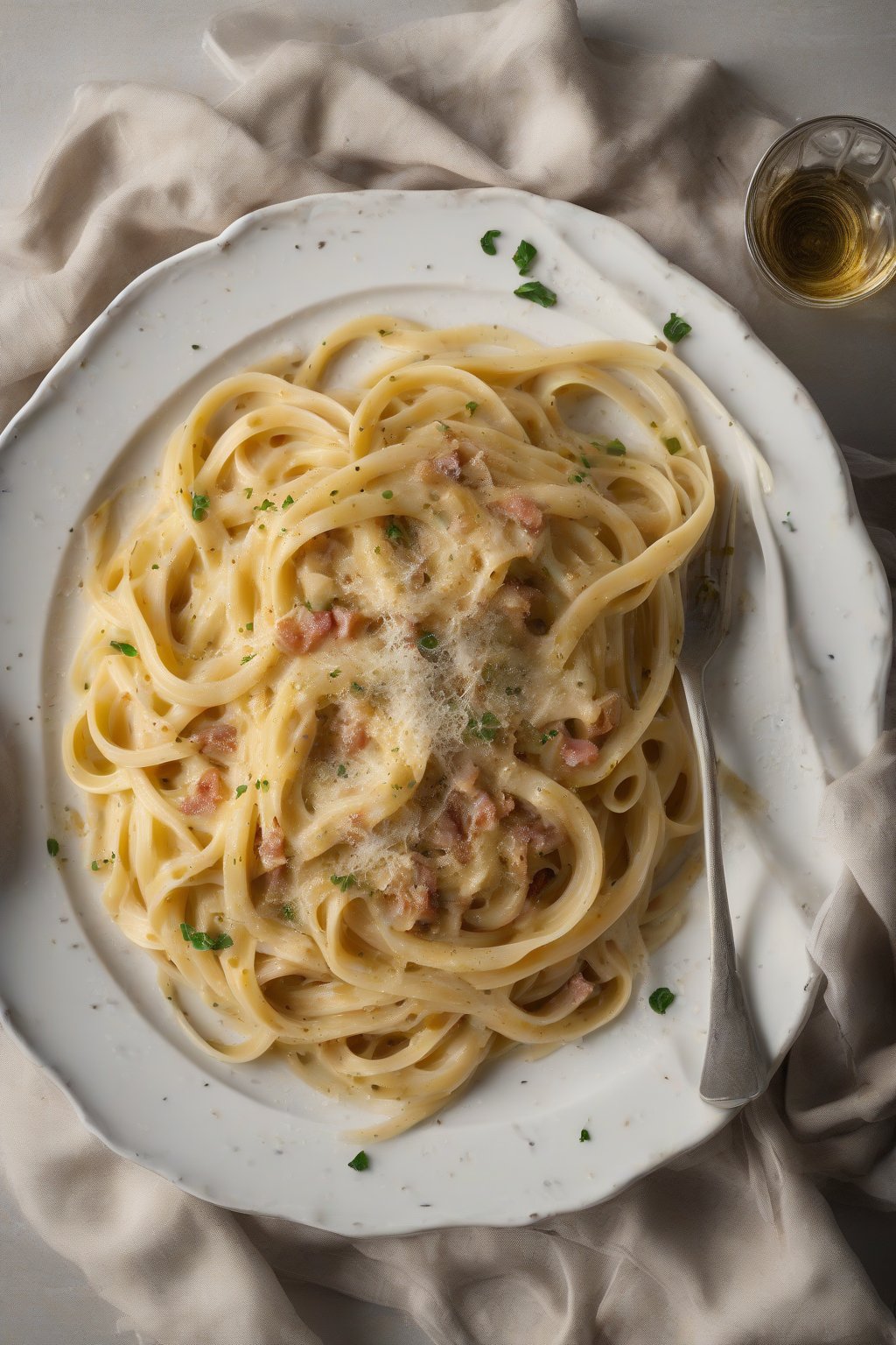 A high-resolution photo of linguine carbonara in soft curls, perfect egg sauce sheen and guanciale crunch, under soft lighting.