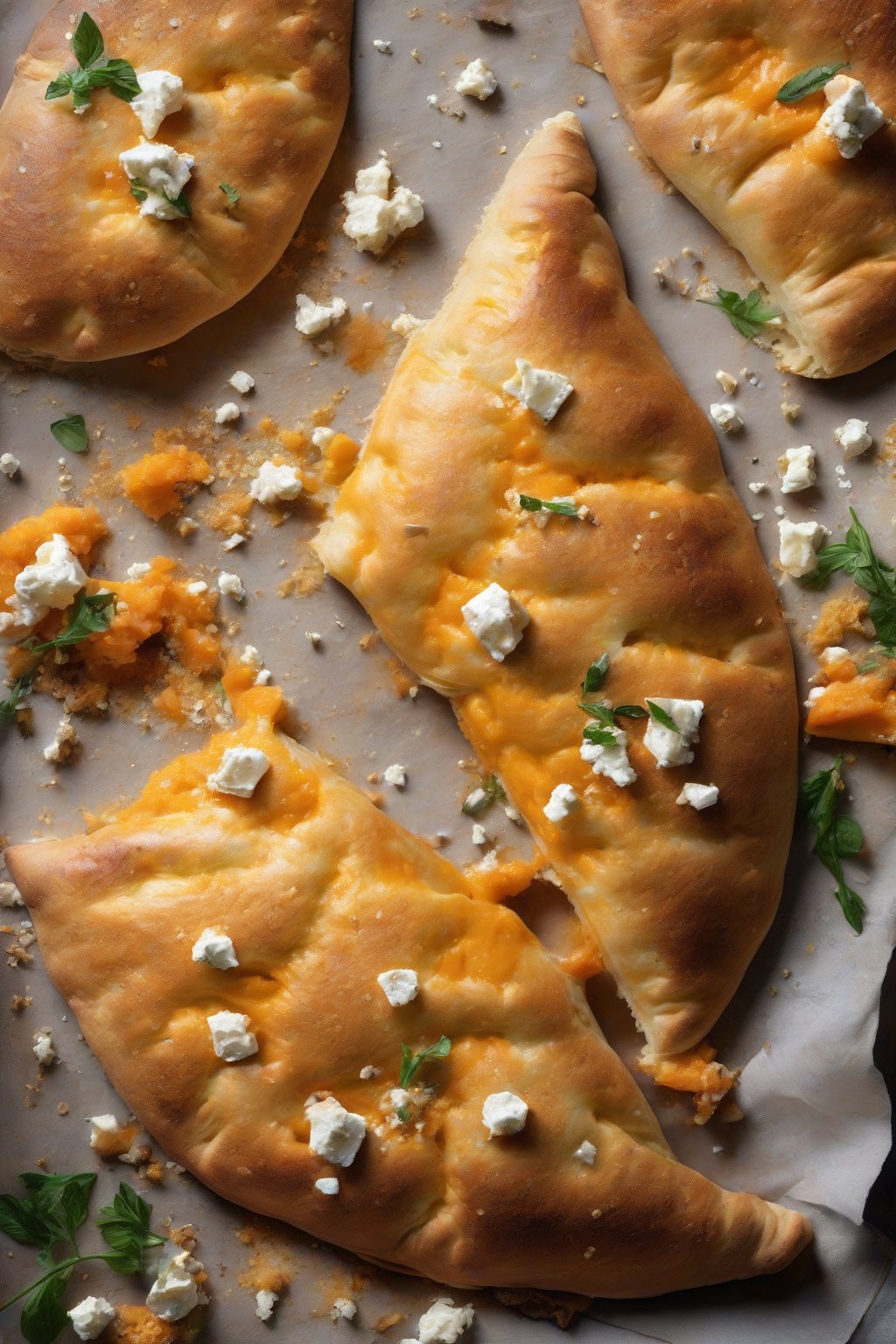 A high-resolution photo of a Sweet Potato and Feta calzone showing orange filling and crumbly cheese under soft lighting.