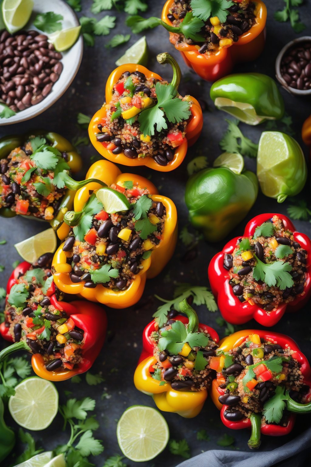 A high-resolution photo of colorful quinoa and black bean stuffed peppers garnished with fresh cilantro and lime wedges, under soft lighting.