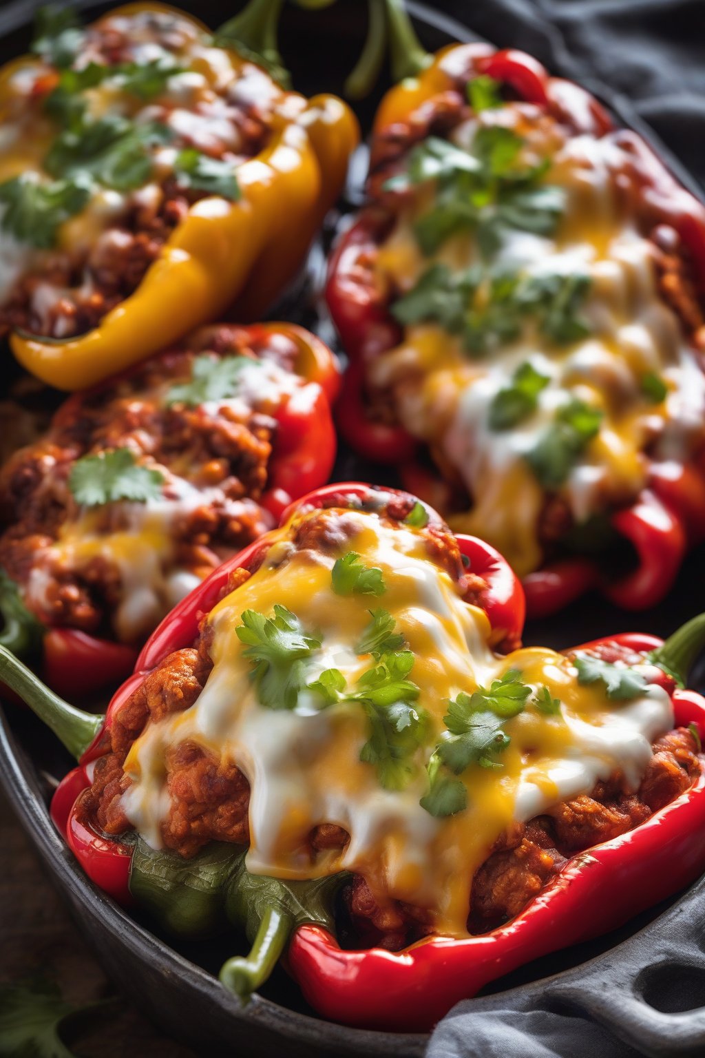A high-resolution photo of cheesy Mexican chorizo stuffed peppers oozing with melted cheese and sauce, under soft lighting.