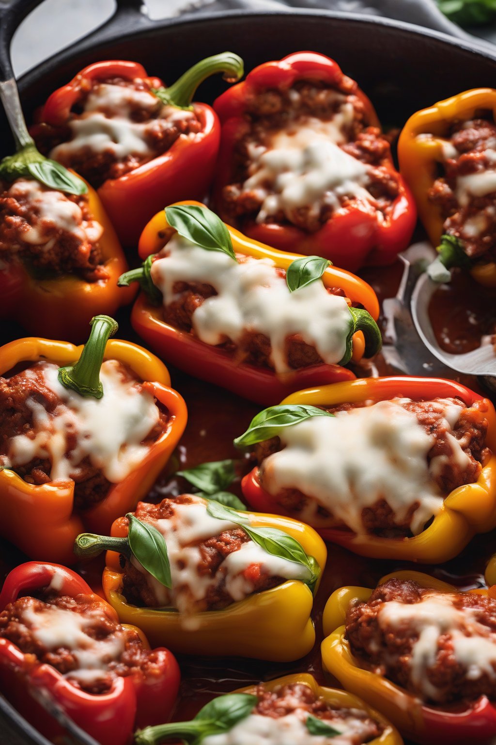 A high-resolution photo of Italian sausage stuffed peppers bubbling with mozzarella and marinara, under soft lighting.