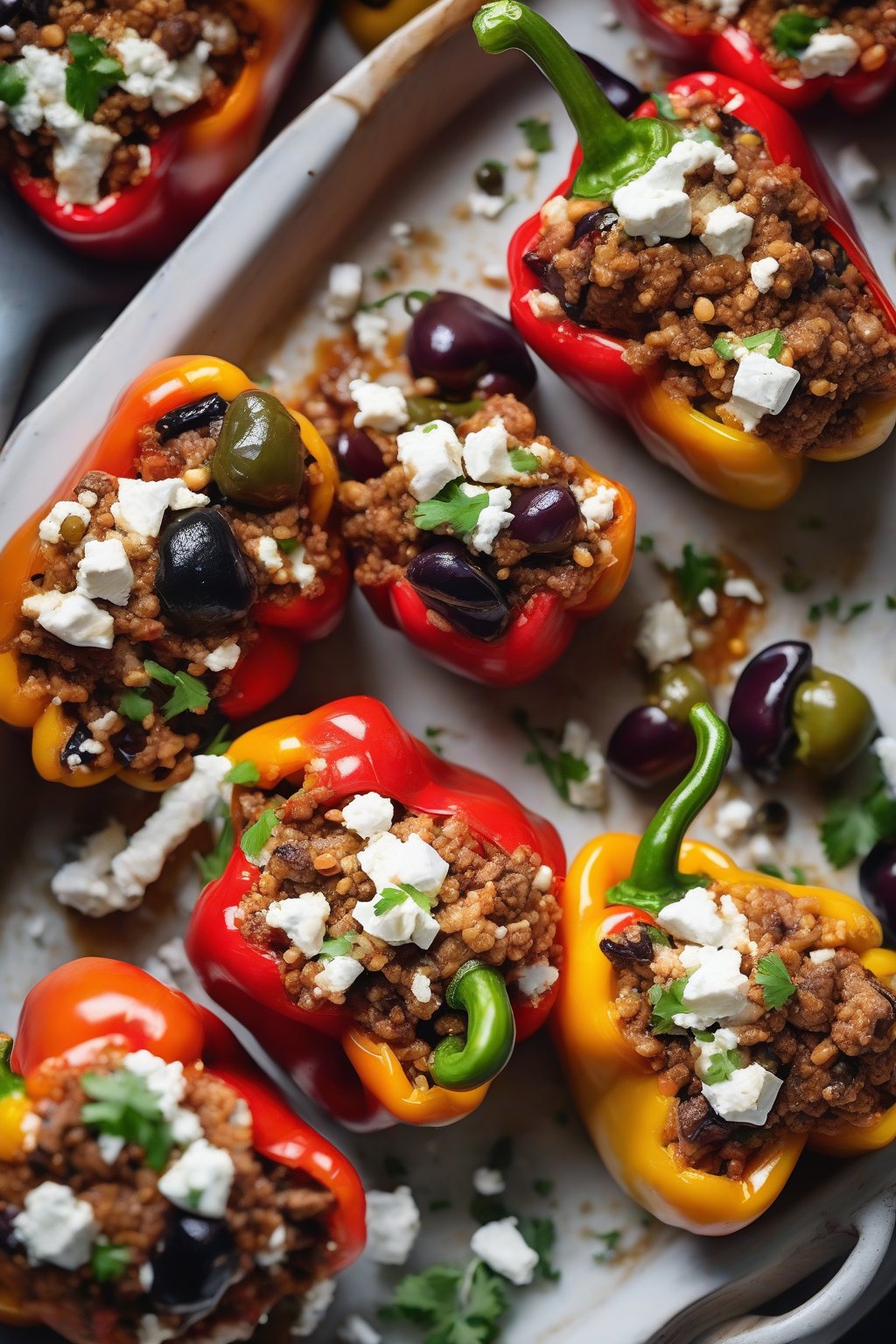 A high-resolution photo of Greek lamb stuffed peppers topped with feta crumbles and olives, under soft lighting.