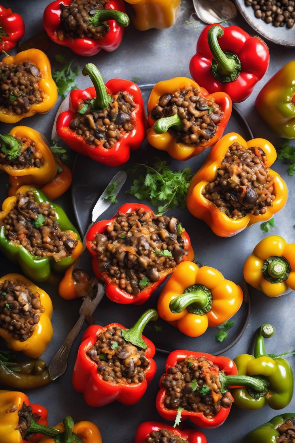 A high-resolution photo of vegan lentil and mushroom stuffed peppers with a glossy finish, under soft lighting.