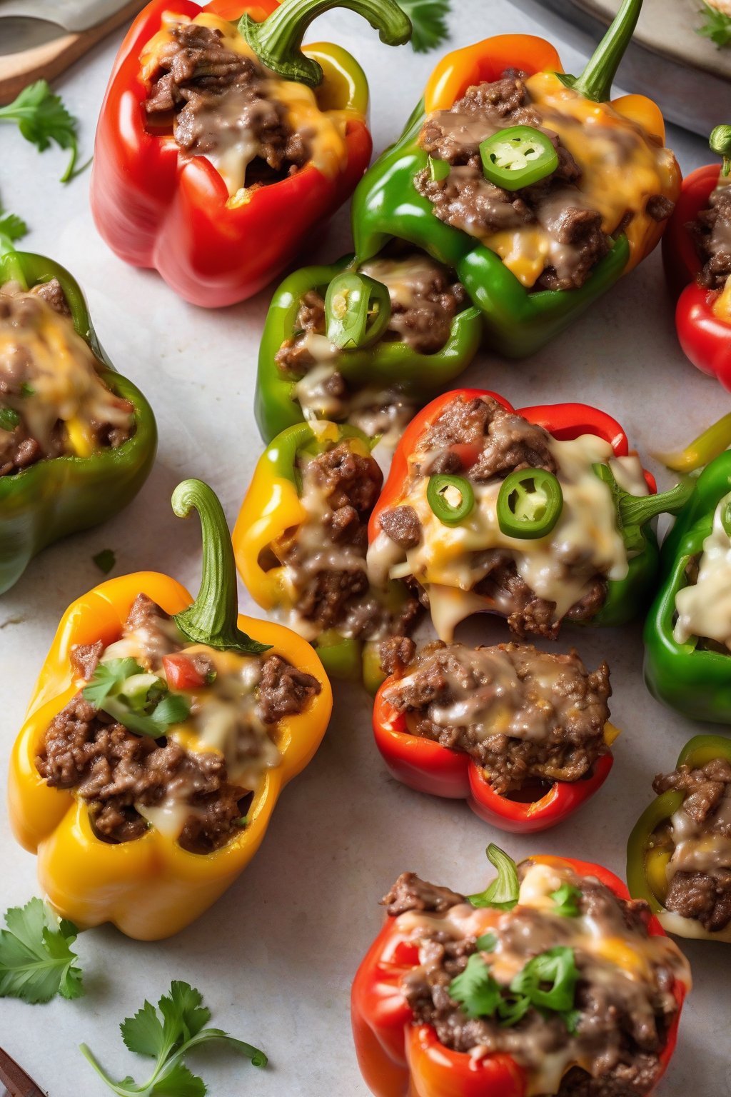 A high-resolution photo of cheeseburger stuffed peppers sliced to show melty cheese and beef, under soft lighting.