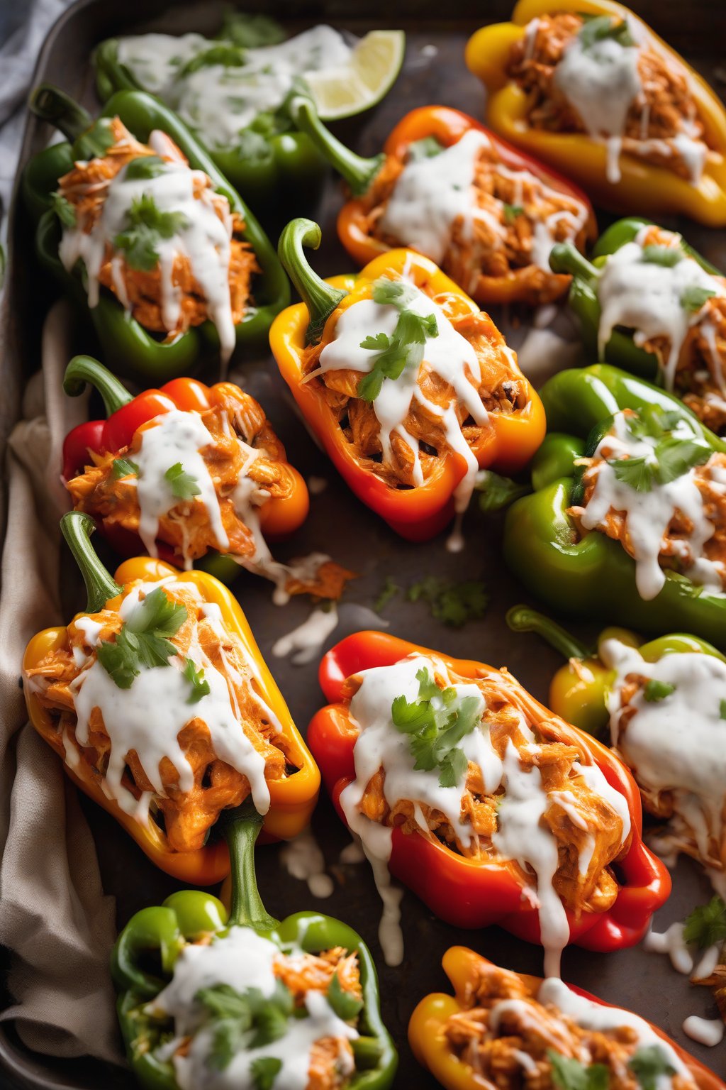 A high-resolution photo of buffalo chicken stuffed peppers drizzled with ranch, under soft lighting.